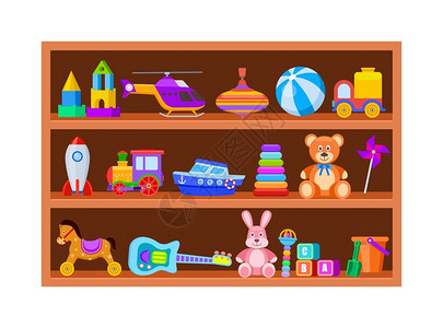 木制玩具摆放在架子上的儿童玩具插画