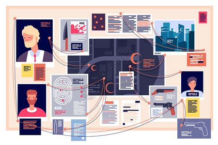 侦探委员会调查仪表板上面贴有固定的照片报纸和条侦探证据研究计划矢量概念犯罪侦探调查和搜索说明侦探委员会上面贴有固定照片报纸和条的背景图片