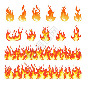 红色火焰特效火焰燃烧的无缝边界烧火的卡通风格烧营焰效应和不同的平坦火焰的矢量符号火焰的危险燃烧的营火图示焰的燃烧无缝边界卡通风格的火烧营焰的插画