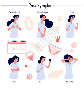 一起做事情PMS症状女压力腹部疼痛膜炎和情绪女时期问题孤立的月经综合症内裤和床垫矢量疼痛的月经腹部医疗时期抑郁情绪PMS症状女压力腹腔和情插画