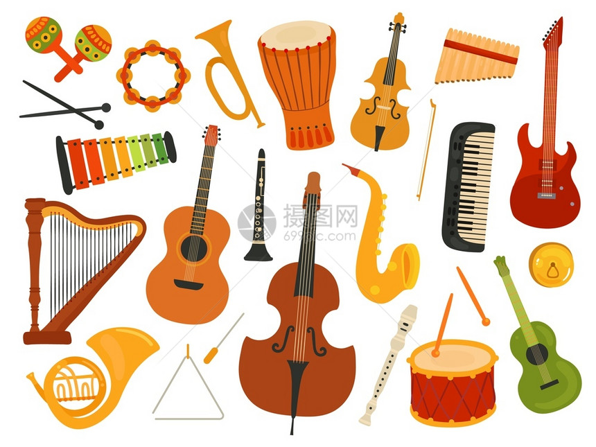 音乐器声竖琴和笛子合成器鼓图形工具玩矢量旋律节讲解合成器和笛子吉他竖琴矢量旋律玩具图片