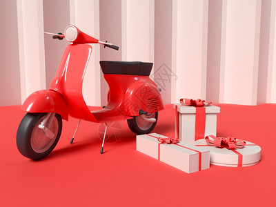 3D说明带有礼品盒的送货机车电子商务和交货服概念背景图片