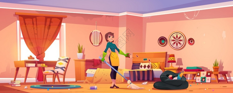 人房间母亲家庭主妇或清洁服务人员用扫帚戴橡胶手套和围裙站在乱七八糟的室内用散落垃圾的卡通病媒说明插画