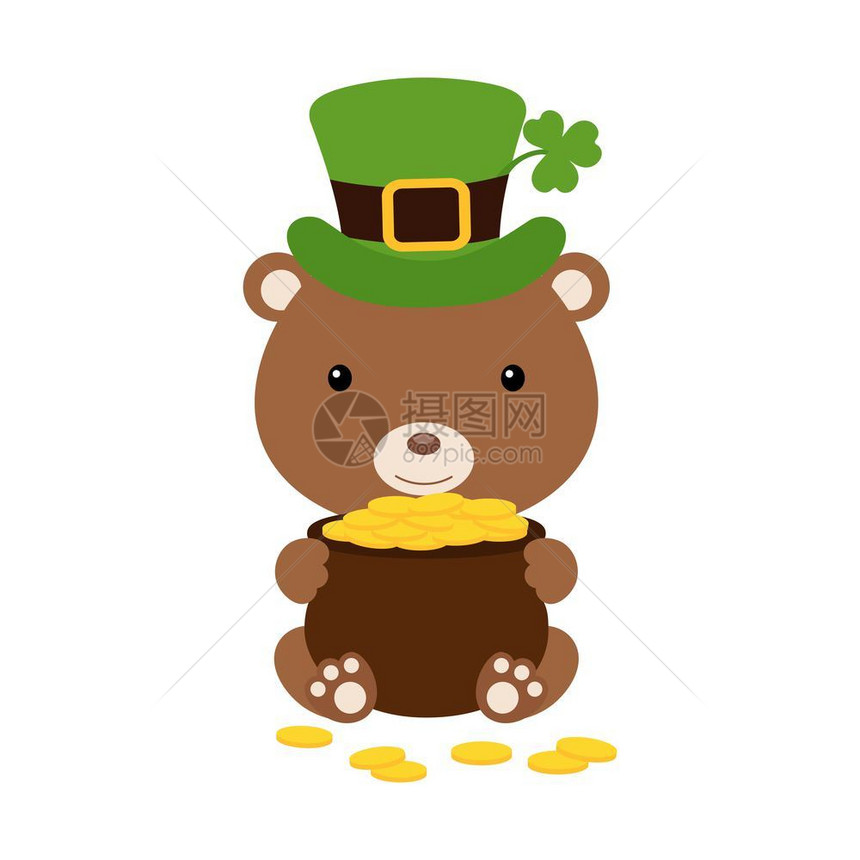 捧着金币的带绿色帽子的小熊图片