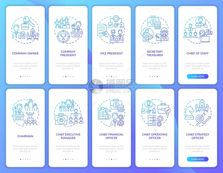 上层管理设置了概念的移动应用程序页面屏幕控制组织公司Ceo横过10步图形指示带有RGB颜色插图的UI矢量模板上层管理设置了概念的图片