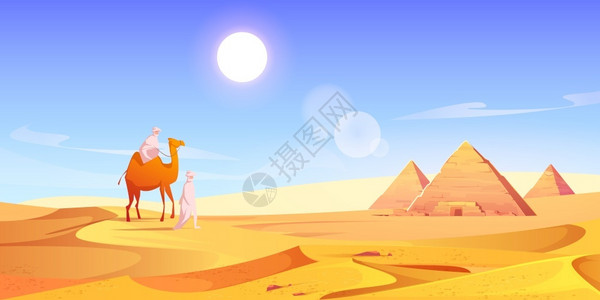 埃及沙漠中有两个人和骆驼有金字塔用阿拉伯贝杜因黄沙丘古老法和天空中炎热的太阳描绘着风景的矢量漫画在埃及沙漠中有两个人和骆驼有金字背景图片