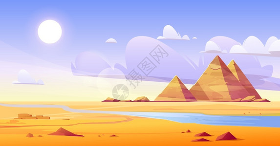 埃及沙漠河流和金字塔矢量漫画 图片