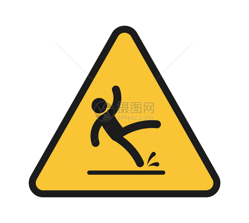坠落的人在湿地板上受伤的人三角黄色警告信号不平衡的男子黑色简单双影滑倒危险符号矢量孤立的单一插图人员受伤在湿地板上滑倒的人不平衡图片