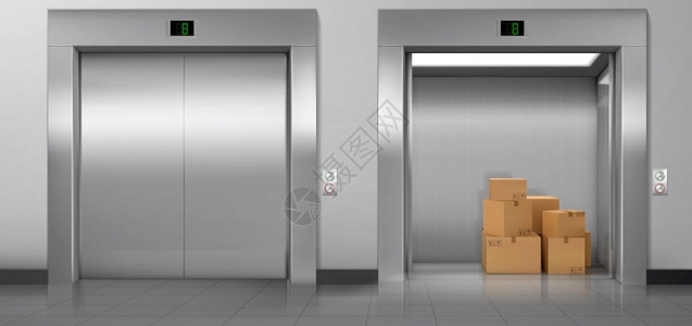 电梯面板走廊内封闭和开着门的货运电梯矢量现实的空代内部装有电梯机舱的纸板箱装有按钮的金属面板和墙上显示的地板装有纸箱的货运电梯插画