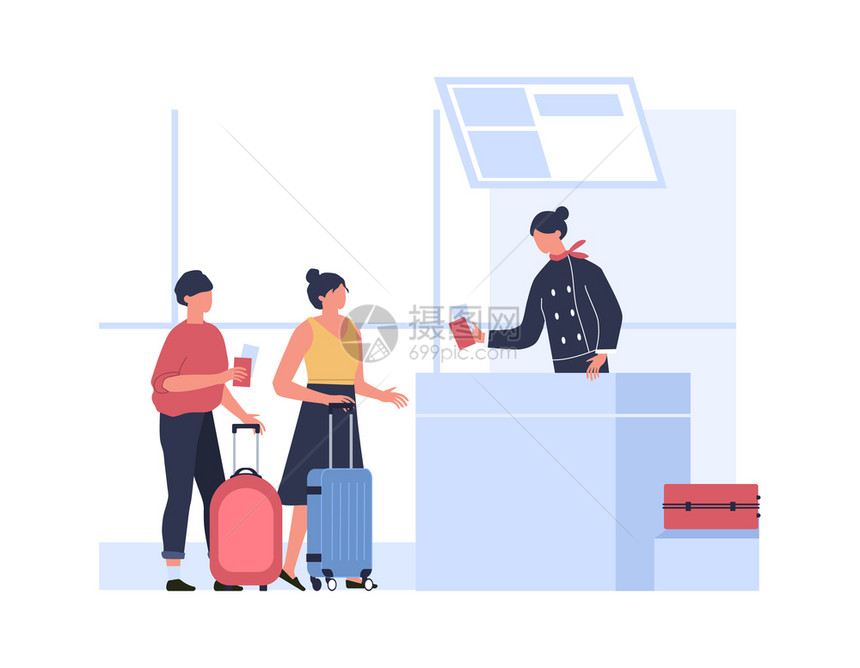 病媒旅游机场在柜台等候乘飞机携带行李和手提箱插图图片