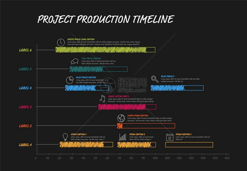 矢量项目时间表图手工绘制高强度项目任务进图在暗底背景时间隔内绘制手工作的深甘特项目生产时间表图图片