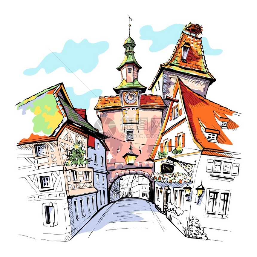 德国巴伐利亚州罗德堡陶伯市中世纪老城罗德堡陶伯市Markusturm的矢量颜色草图图片