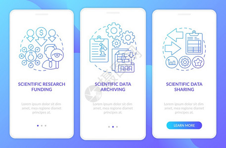 科学数据共享5步相向图形说明带有RGB彩色插图的UI矢量模板带有概念的移动应用程序页面屏幕上安装移动应用程序屏幕的科学研究组成部插画