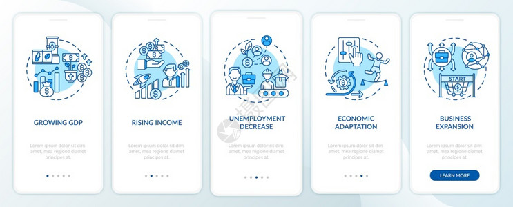 具有概念的移动应用程序屏幕上国内生产总值增长情况经济调整通过5步图形说明带有RGB颜色插图的UI矢量模板带有概念的移动应用程序屏插画