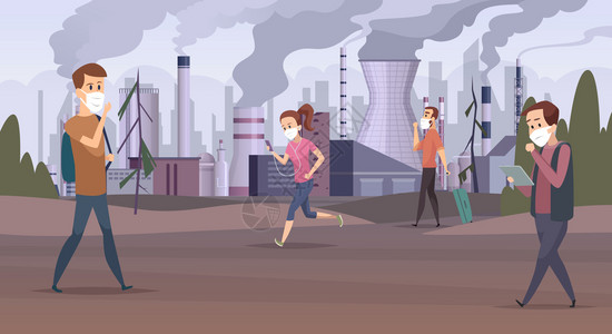 被污染的环境在被污染的城市里戴口罩出行的人们卡通矢量插画插画