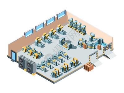 机械制造与自动化说明工业内部设备建筑内部生产重型钢机械制造设备工程插画