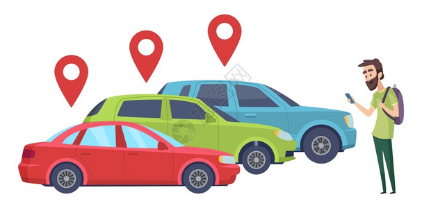 汽车共享在线租赁交通服务人寻找有智能电话应用程序的汽车图片