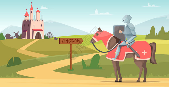 中世纪骑士背景历史武装人物在城堡室外的卡通场景城堡和骑士中世纪描绘童话背景图片