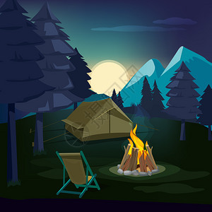 夜间营火帐篷木林景观插图背景图片