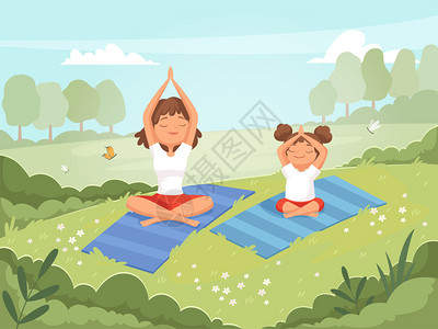 放松拉伸家庭瑜伽母亲和女儿在公园内户外锻炼在公园内健身训练技能培卡通背景有母亲的女儿做瑜伽运动和健身家庭瑜伽母亲和女儿在公园内户外锻炼技插画