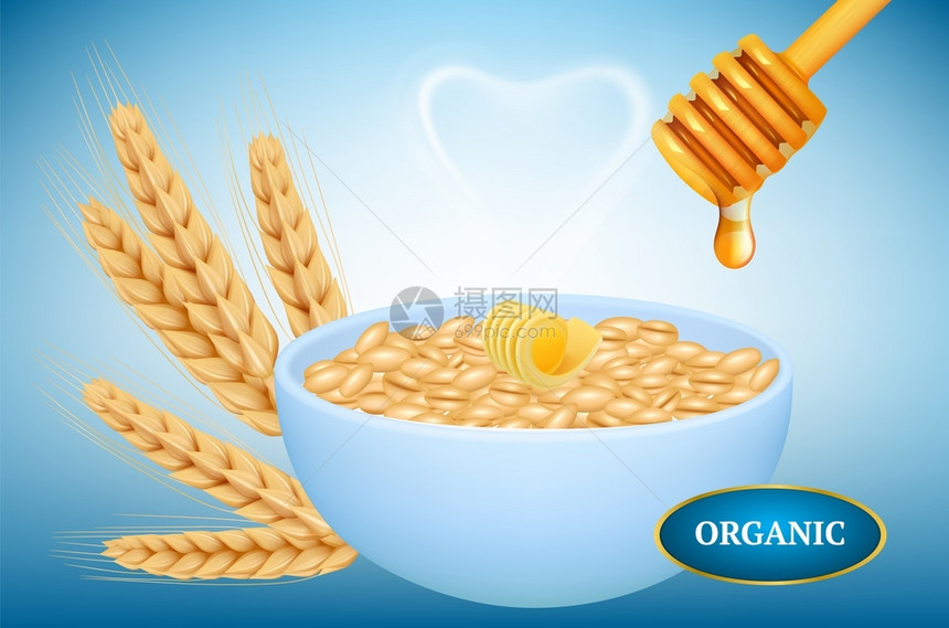 有机燕麦片带蜂蜜的现实粥碗带小麦黄油蜂蜜耳朵的热燕麦片用黄油和蜂蜜表示燕麦带蜂蜜的有机燕麦片用小黄油蜂蜜耳朵的热燕麦片图片