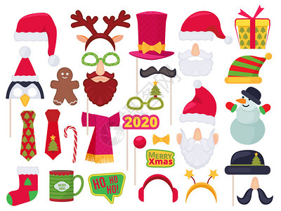 圣诞节展间假日有趣的人物服装和帽子用于摄影聚会以蒙面的Santa雪人精灵矢量为主题请说明姜饼袜和弓剪布化妆舞会Xma假日有趣的人背景图片