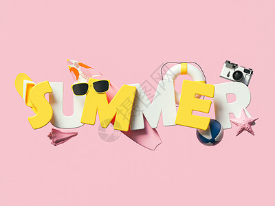 夏季上新元素3d带有热海滩元素的夏季文字横幅设计暑假概念背景