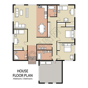 住宅楼层计划配有家具和车库公寓建筑设计矢量插图图片