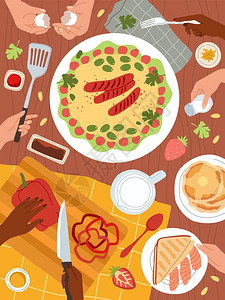 轻食餐单烹饪食品餐具切菜健康餐单桌顶端的板子矢量卡图餐桌顶端的板插画