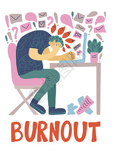 Burnout综合症概念男人物坐在办公室向量人在桌子上背景图片