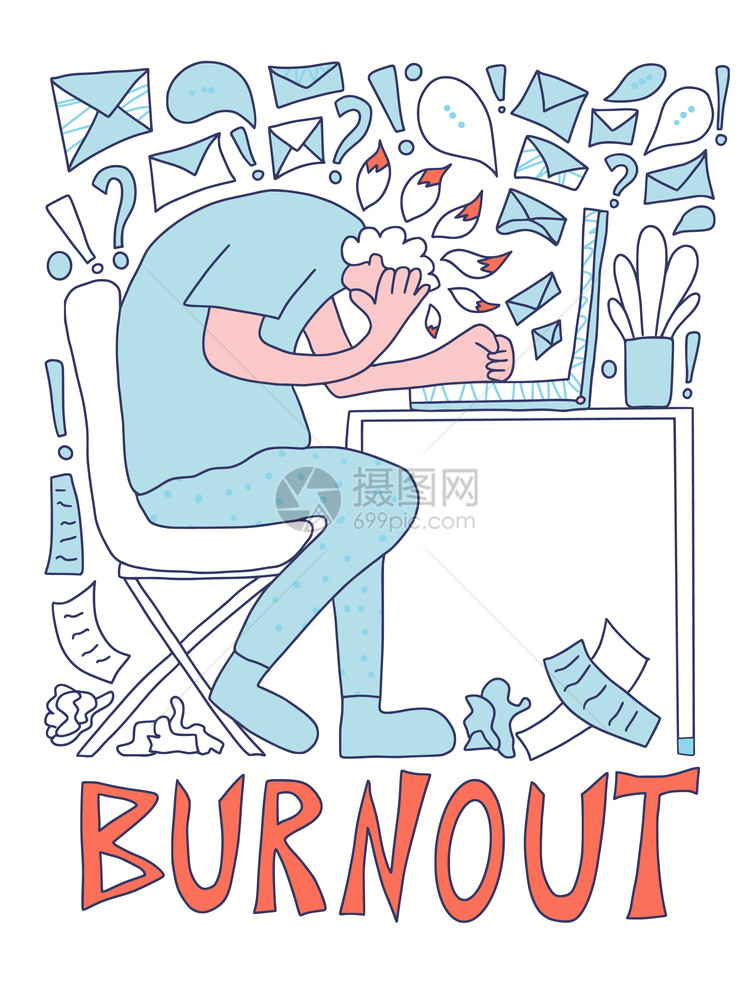 Burnout综合症概念男人物坐在办公室向量人在桌子上图片
