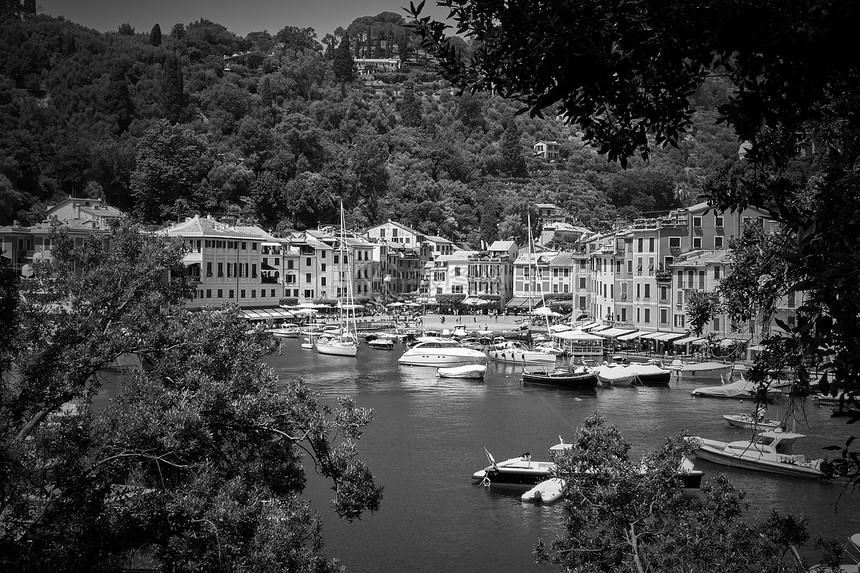 意大利古里亚港口和波托菲诺镇的景观黑白摄影图片