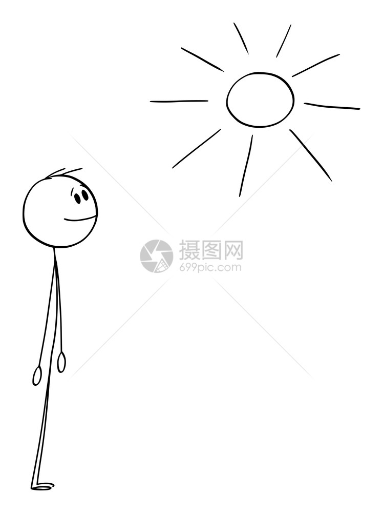 微笑的人看着闪亮夏日阳光快乐的天气Vector漫画插图或字符快乐的人在夏日闪耀时心满意足卡通Stick图一说明图片