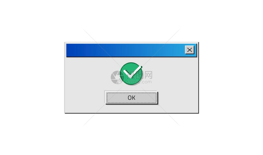 旧的计算机窗口弹出OKRetro像素图形操作系统告知已完成任务信息的平方框架带有按钮的数字界面和绿色检查标记符号矢量通知像素图形图片
