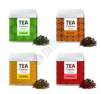 黑色干茶设计产品包装有不同种类茶叶金属礼品包和黑红绿色干叶的现实型锡箱铝的平方容器设置散装产品罐体分离的病媒模型设计产品包装有茶铝的广场插画