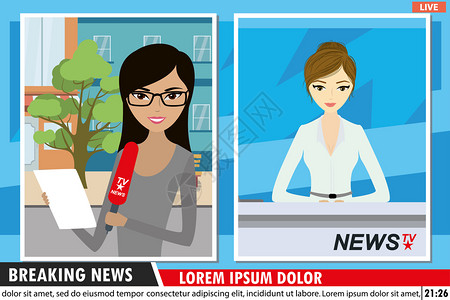 与现代电视演播室的欧洲新闻主播和街头Tv工作场所女记者气压矢量插图插画