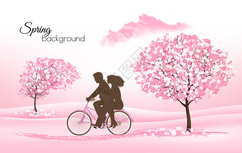 春天的自然背景有盛开的樱树和自行车矢量图片