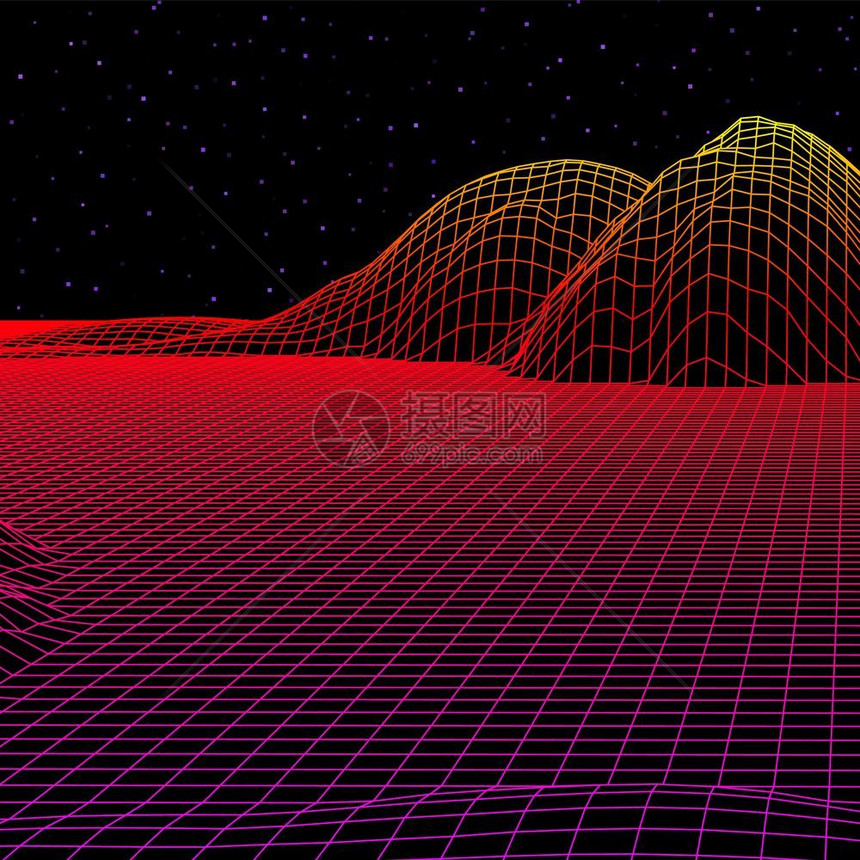 以80年代的电线框架网状80年代的陆景图案以红色山峰或丘为背景的三维结构以追溯式计算机游戏或科学为背景的三维结构图片