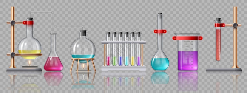 现实化验室设备玻璃管瓶燃烧器和装有化学品的玻璃瓶化学实验室试矢量组说明实验室研究玻璃测试设备化学实验室试矢量组背景图片