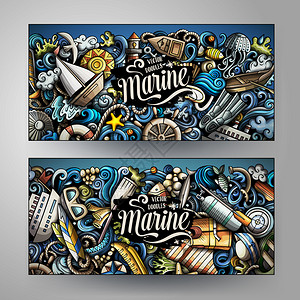 海洋公司身份2个横幅设计模板组装卡通可爱的多彩矢量涂鸦背景图片