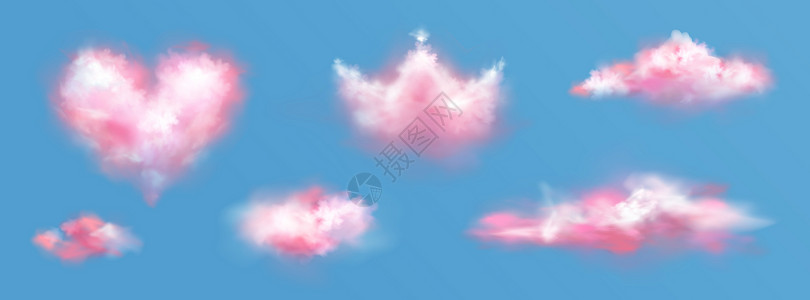 天空中的粉色云层和心形的粉色云层空气中的矢量现实烟雾天空中粉色烟雾或云层与蓝色背景隔绝梦想和爱的概念天上粉色云层和心形的粉色云层背景图片