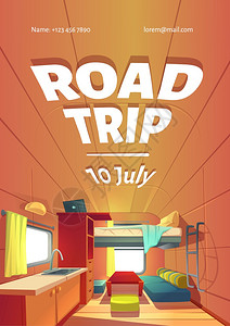 挂露营拖车内部挂有阁楼床沙发厨房水槽和窗户的Rv马车主房间的公路旅行卡通海报背景图片