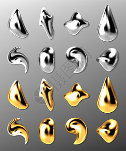 液态金或银滴3个抽象汞和金属滴油漆化妆品不同形状的胶囊灰色背景分离的金属质条现实矢量集液体金或银滴3个抽象汞插画