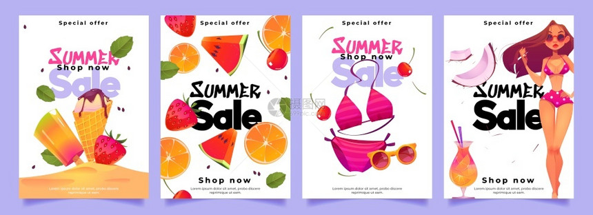 穿比基尼鸡尾酒冰淇淋和新鲜水果的妇女夏季销售促销和广告图片