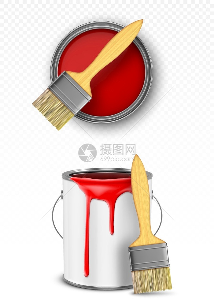 油漆用刷子锡桶红色滴液金属锅装修用染料的容器以透明背景隔开的翻新工程染料现实的三维矢量图解油漆用刷子锡桶红滴水图片