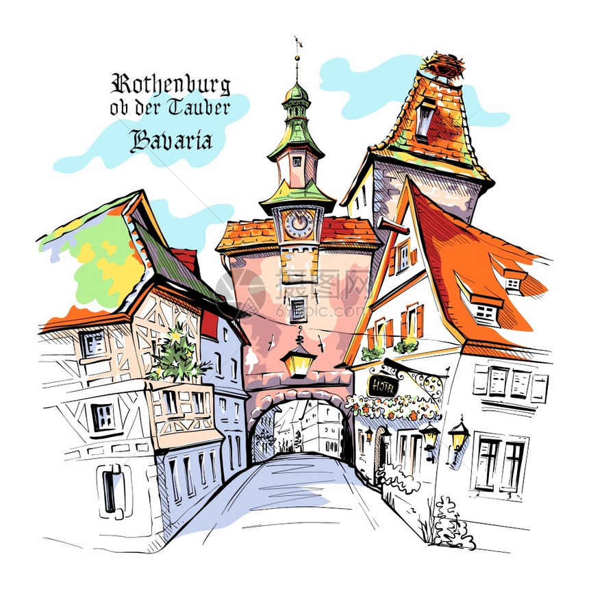 中世纪古城RodenderburgodderTauber市名Bavaria的Markusturm矢量颜色草图德国Rothenbu图片