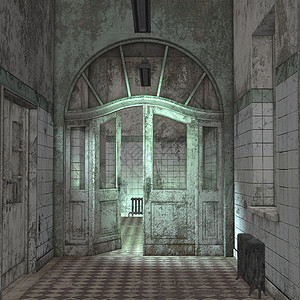 废弃建筑的旧门数码化3D插图图片