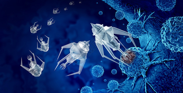 纳米技术医疗以及未来的学概念作为一组微型纳米机器人或被编程用于杀癌细胞或人类疾病作为3D制成的未来保健治疗象征背景图片