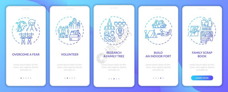 随身携带概念的移动应用程序页面屏幕上的家庭连接提示家庭废本创建流程横穿5步图形指示配有RGB颜色插图的UI矢量模板插画