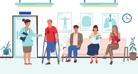 在医院等候的人在诊所排队预约残疾受伤病人在等候室内与医生交谈援助接受病媒的医疗保健检查和治概念在诊所排队预约残疾受伤病人在等候室背景图片